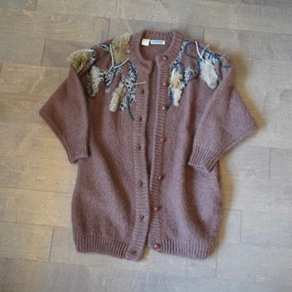 Vintage MarieaKim Wool Cardigan L Brown Fur Trim Lace Beaded Embellished 80s